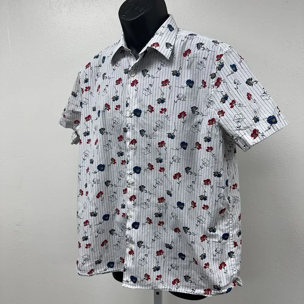 Perry Ellis 100% Cotton‎ White with Floral Pattern Shirt Sleeve Shirt Size Large